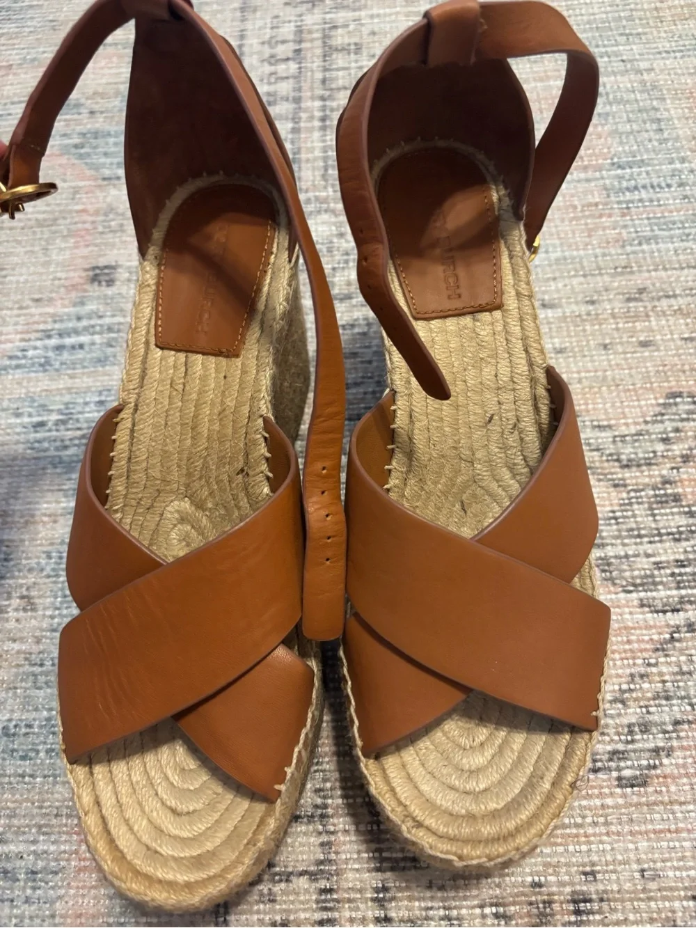 Tory Burch Cognac Leather Espadrille Wedge Sandals